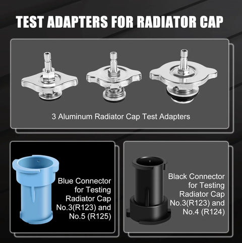Automotive coolant tester kit: 3 aluminum radiator-cap adapters, blue connector for R123/R125, black connector for R123/R124.