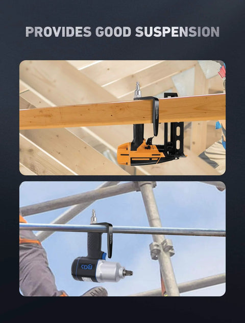 Pneumatic Tool Rafter Hook Hanger with 1/4 Inch & 360° Swivel Air Fitting holding air nailer and air hammer on construction sites.