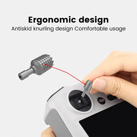 Hand installing Aluminum RC And RC2 Joysticks Spare Remote Control Sticks on RC controller, showing ergonomic knurled design.