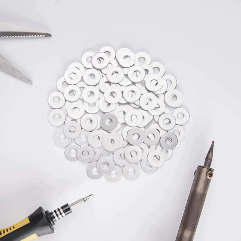 Pop Back Up Washers For 1/8 Inch Rivets Corrosion Resistant Aluminum 255 Pcs displayed with tools on a white background.