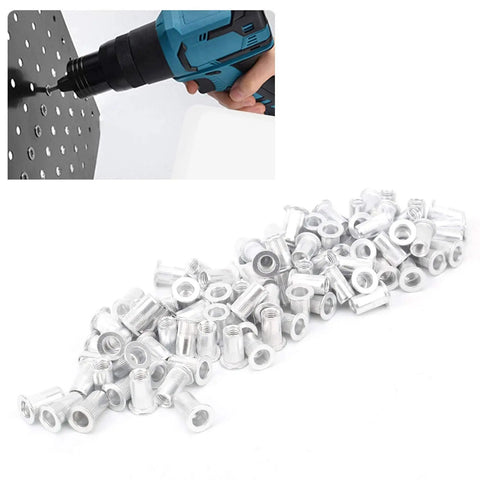 Assorted M3-M10 galvanized aluminum rivet nuts next to drill, part of 100Pcs Pull Riveting Nuts Kit For Aluminum Panels And Pipes With Storage Box.