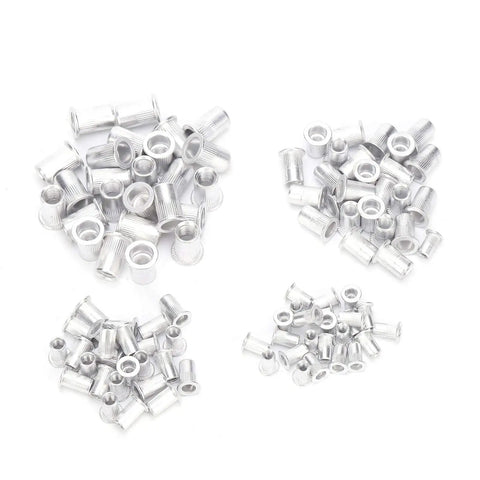 Aluminum Blind Rivet Nut Set 100 Pcs M4 M5 M6 M8 With Storage Box shown in assorted sizes for DIY projects and home decor.