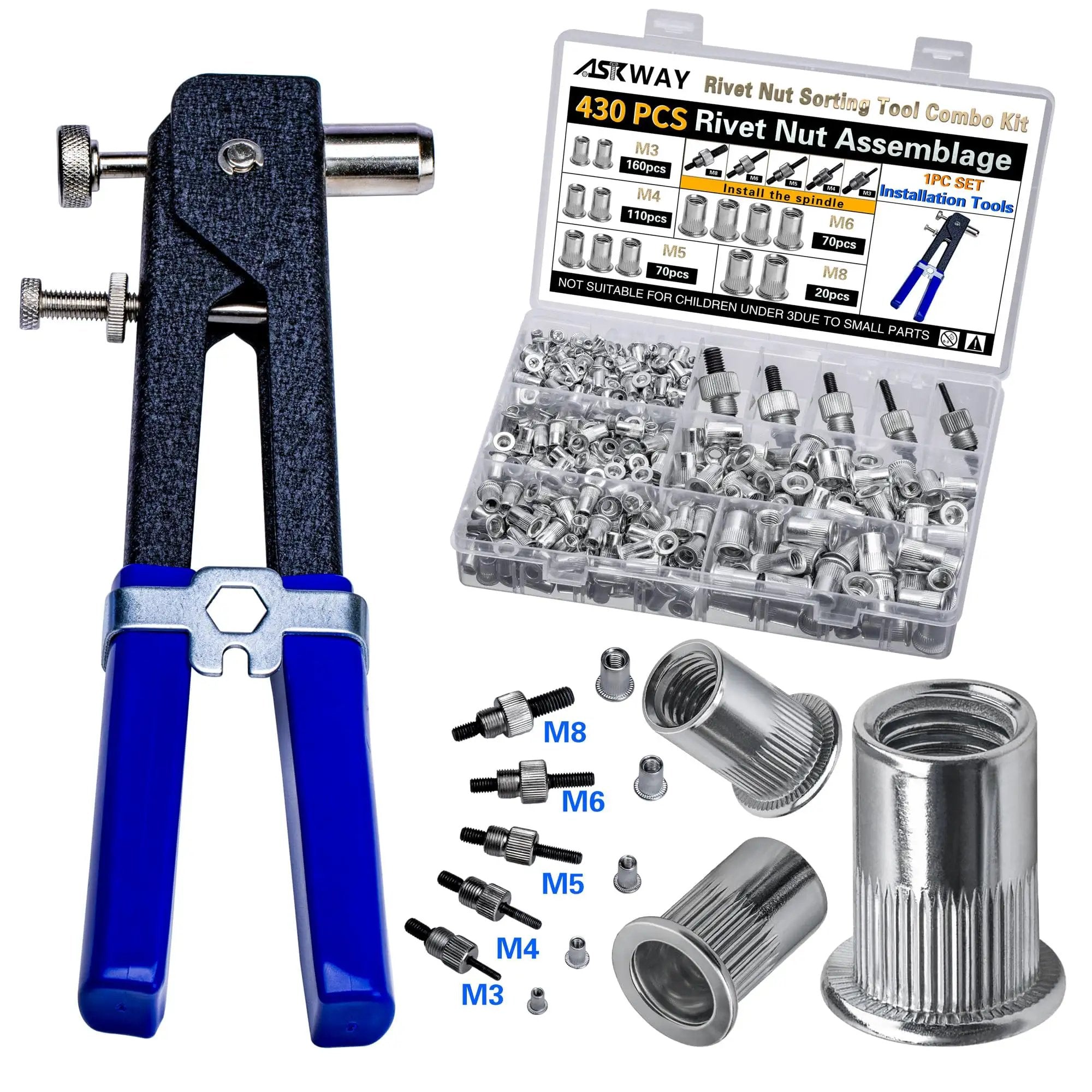 Aluminum Pressure Rivet Nut Tool Kit With 430 Piece Me...