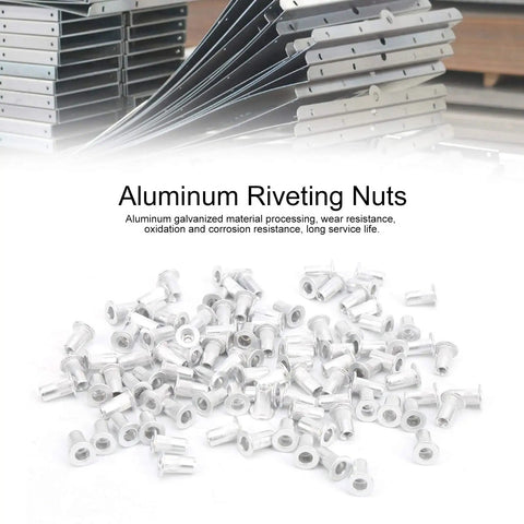 Image of 100 Pcs Aluminum Rivet Nuts M3 Flat Head Pull Rivet Nut Assortment Kit Pro Grade In Plastic Box For Metal Panels Automotive Aviation And Rail Applications For DIY Projects Marine Industrial And Workshop Use with scattered rivet nuts and metal panels in background.