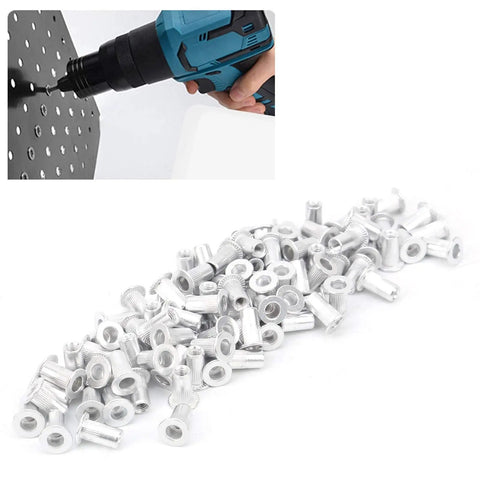 100 Pcs Aluminum Rivet Nuts M3 Flat Head Pull Rivet Nut Assortment Kit Pro Grade In Plastic Box For Metal Panels, Automotive, Aviation, And Rail Applications For DIY Projects, Marine, Industrial, And Workshop Use. Close-up of rivet nuts with drill in use.