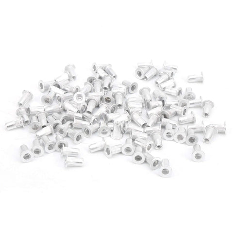 100 Pcs Aluminum Rivet Nuts M3 Flat Head Pull Rivet Nut Assortment Kit Pro Grade In Plastic Box For Metal Panels, Automotive, Aviation, And Rail Applications For DIY Projects, Marine, Industrial, And Workshop Use scattered on surface.