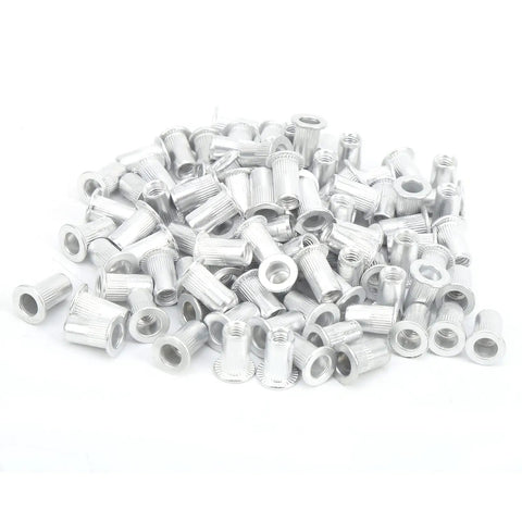 Premium Aluminum Pull Rivet Nuts Set For Metal Plates And Pipes M3 Through M10 With M4 100 Pieces shown in a pile