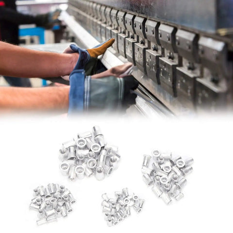 Blind Riveting Nuts Set Aluminum M4 M5 M6 M8 Sizes 100 Pieces Durable Hardware Accessories Easy Installation Ideal For Electromechanical Assembly For Cars Elevators Switches Instruments Furniture Decor And More with machine close-up