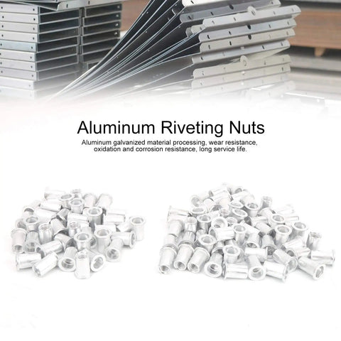 Aluminum Pull Riveting Nuts Set with Flat Head for Vertical Install, 100 Pcs Multi Size M3 M4 M5 M6 M8 M10 in piles on metal plates