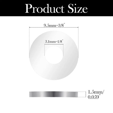Aluminum Pop Rivet Washers For One Eighth Inch Rivets 250 Pack, showing 3.1mm inner and 9.5mm outer diameter measurements, silver color