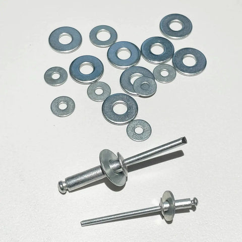 Aluminum Rivet Washer Set For 1/8 Inch Blind Rivets 350 Pcs Corrosion Resistant, shown with washers and rivets displayed together.