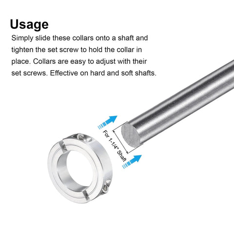 2pcs Double Split Clamp-On Shaft Collar for 1-1/4" Shaft, aluminum, shown with shaft, set screw visible, side view