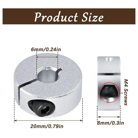 Lightweight aluminum shaft collar set, 6mm bore, 20mm OD, 8mm thickness, side view with M4 screw and size details
