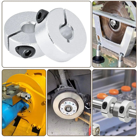 Lightweight aluminum shaft collar set, 6mm bore with 20mm outer diameter and 8mm thickness, four pieces with M4 screws in industrial use