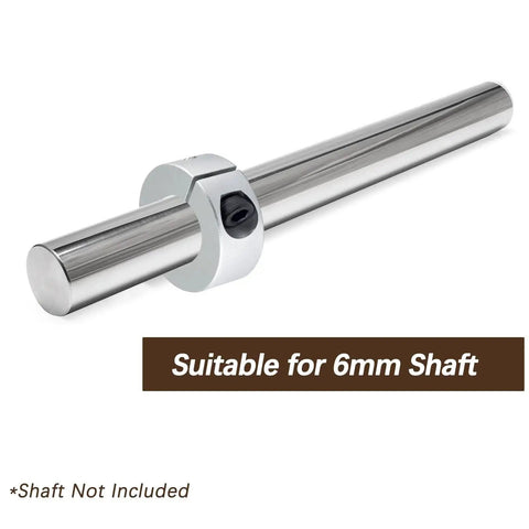 Lightweight aluminum shaft collar set, 6mm bore with 20mm outer diameter and 8mm thickness, installed on steel rod, shaft not included