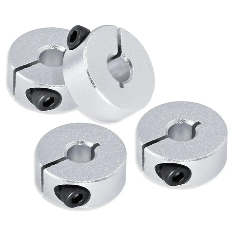 Lightweight aluminum shaft collar set, 6mm bore with 20mm outer diameter and 8mm thickness shown in four pieces with M4 screws.