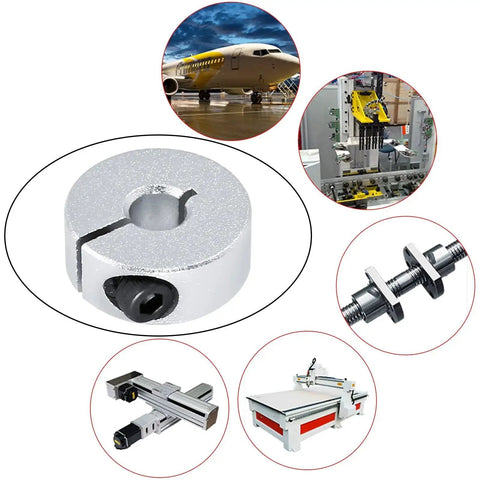 Lightweight aluminum shaft collar set, 6mm bore with 20mm outer diameter and 8mm thickness, shown with machinery and drive shafts.