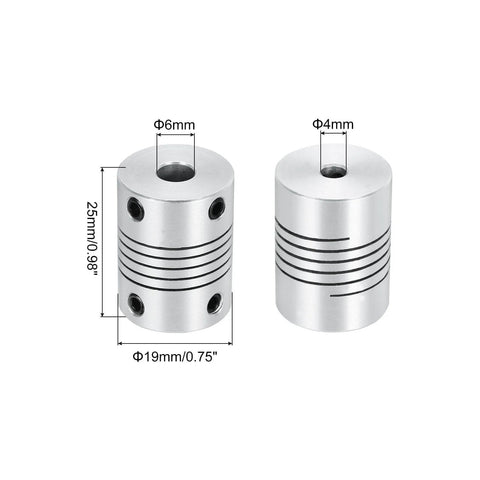 2Pcs 4mm to 4mm Aluminum Alloy Shaft Coupling L25xD19 Flexible Coupler Beam for 3D Printer CNC Machine DIY Encoders and Motors Shaft, Silver