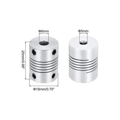 2 Pack 5mm To 6mm Aluminum Shaft Coupler 25mm Long 19mm OD Spring Type Flexible Coupler For Motors Encoders 3D Printers