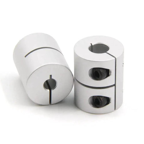 Durable two piece aluminum shaft couplings for 5 to 8 mm shafts, 25 mm long and 20 mm diameter, featuring a screw type clamp.