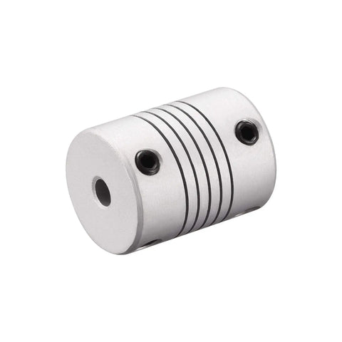 Close-up of Flexible Aluminum Shaft Coupling For Motors 3mm To 5mm Connection, 25mm Length, 19mm Outer Diameter, Zero Backlash One Piece Metallic Spring