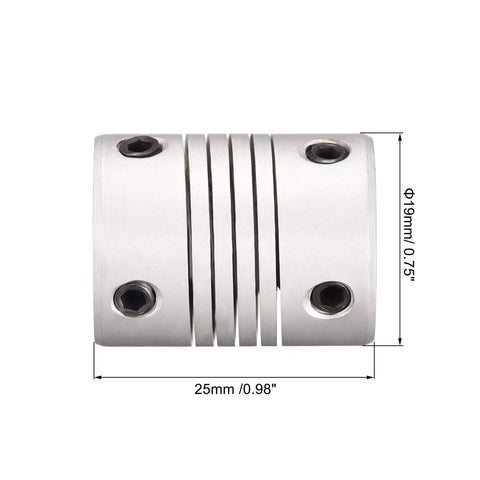 Flexible Aluminum Shaft Coupling For Motors 3mm To 5mm Connection, 25mm Length, 19mm Outer Diameter, Zero Backlash One Piece Metallic Spring Coupler