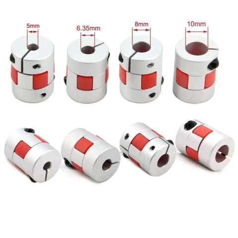 Aluminum plum shaped flexible shaft coupling 5mm to 8mm bore D20xL25 for servo and stepper motors, showing multiple sizes and details.