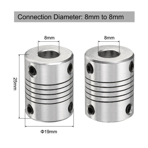 Five Pack Aluminum Shaft Coupling Set 8mm To 8mm For CNC Machines And 3D Printers Flexible Motor Couplers And Stepper Motor Joints Durable Aluminum Alloy With Key Wrench Included DIY Friendly 19mm Outside Diameter 25mm Long L25xD19 featuring two aluminum shaft couplings with 8mm connection diameter, 25mm length, and 19mm outside diameter, ideal for CNC and 3D printers.