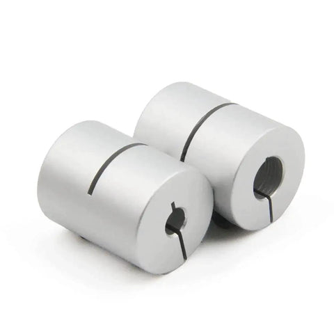 Durable two piece aluminum shaft couplings for 5 to 8 mm shafts, 25 mm long and 20 mm diameter, screw type clamp, anti oxidation finish