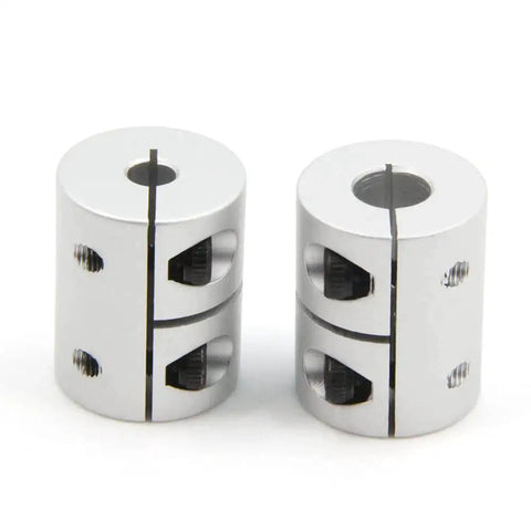 Durable two piece aluminum shaft couplings for 5 to 8 mm shafts, 25 mm long, 20 mm diameter with screw type clamp for precise torque transfer.