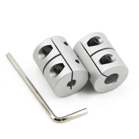 Durable two piece aluminum shaft couplings for 5 to 8 mm shafts, 25 mm long and 20 mm diameter, with screw type clamp and wrench included.