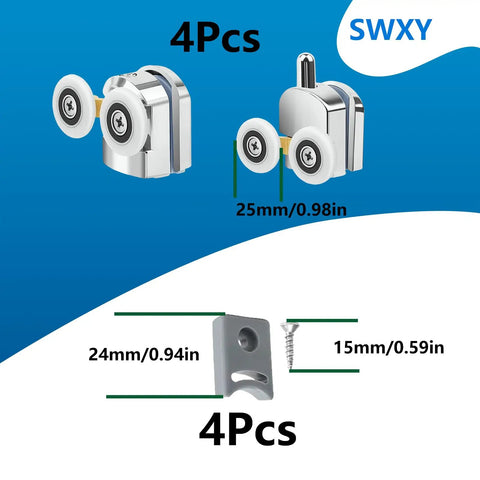 Four Pack 25Mm Aluminum Alloy Shower Door Rollers Replacement Kit With Anti Collision Block And Screws For 4to6mm Glass Doors Curved Rollers For Smooth Quiet Operation In Moist Bathrooms