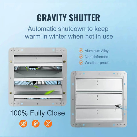 Gravity shutter feature of 10 Inch Shutter Exhaust Fan With 820 CFM High Speed Aluminum Wall Mount Attic Fan For Ventilation And Cooling