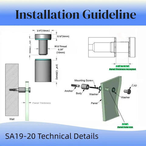 Installation guide showing Pack of 12 aluminum wall spacers and sign standoff screws, technical drawing with dimensions.