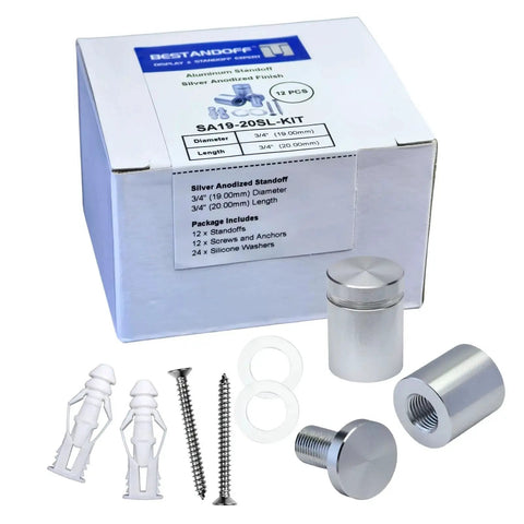 Pack of 12 aluminum wall spacers and sign standoff screws deliver a clean, modern display for acrylic or glass signs; durable set