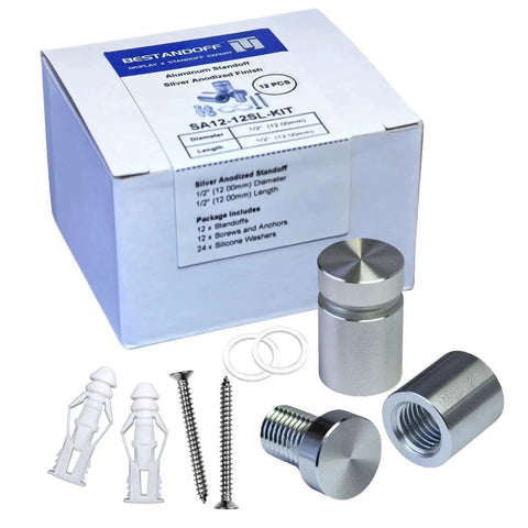 Pack of 12 aluminum sign standoff screws with silver spacers, showing package, screws, anchors, and washers for acrylic frames and glass signs