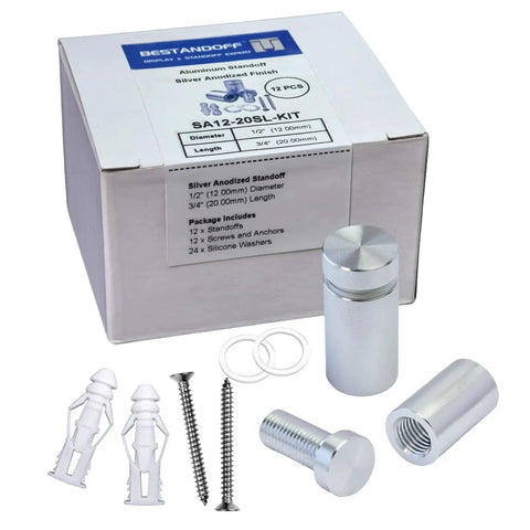 Aluminum Sign Standoff Set Pack Of 12 For Wall Mounting And Hanging Acrylic Picture Frames Size One Half Inch By Three Quarter Inch Silver Anodized Standoff Screws For Glass Displays And Advertising Signage