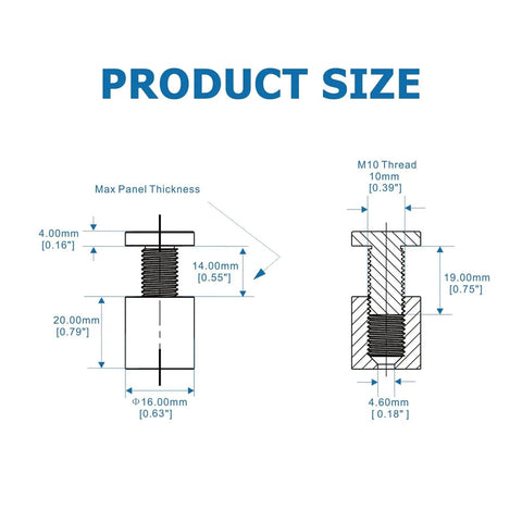 Diagram showing dimensions of Aluminum Solid Sign Standoff Screws Set Of 4 For Five Eighths By Three Quarters Inch Mounting For Acrylic Displays
