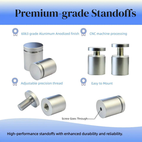 Aluminum Sign Standoff Set Pack Of 12 For Wall Mounting And Hanging Acrylic Picture Frames Size One Half Inch By Three Quarter Inch Silver Anodized Standoff Screws For Glass Displays And Advertising Signage. Multiple views showing adjustable precision thread and anodized finish.
