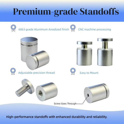 Set Of 12 Aluminum Sign Standoff Screws For Wall Mounting In Champagne Finish 1 Inch By 1 Inch with precision thread detail.