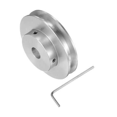 Lightweight 8mm bore aluminum single groove pulley with 60mm outer diameter shown with Allen key, suitable for 6mm PU belt drives.