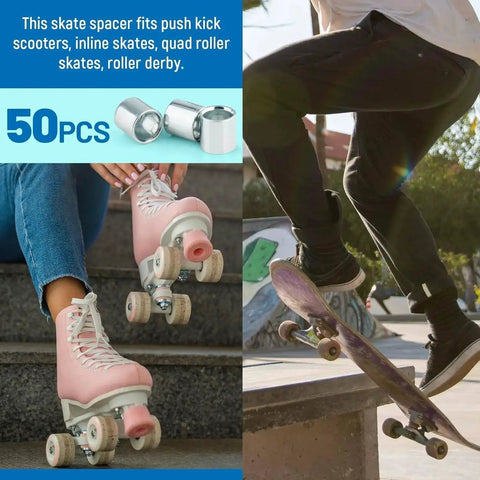 Image showing the 50 Pcs Skate Spacer Set Aluminum Wheel Bearing Spacers and Speed Rings for Skateboards and Longboards being used.