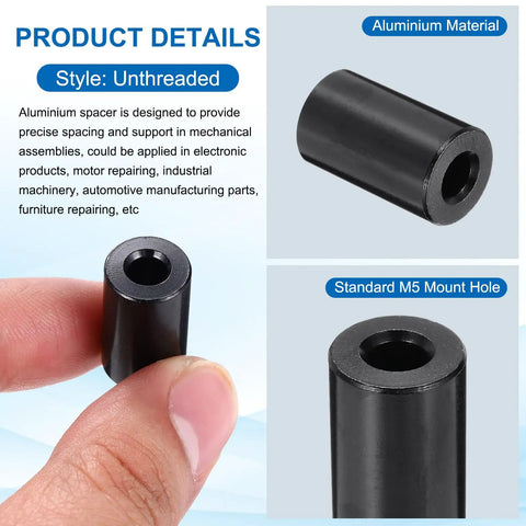 Close-up of 4 Pack Aluminum Spacers M5 Unthreaded Standoff Black Three Sixteenth Inch Inner Diameter One Half Inch Outer Diameter Three Quarter Inch Length For M5 Screws Bolts Durable Metal Spacers showing the aluminum material and standard M5 mount hole.