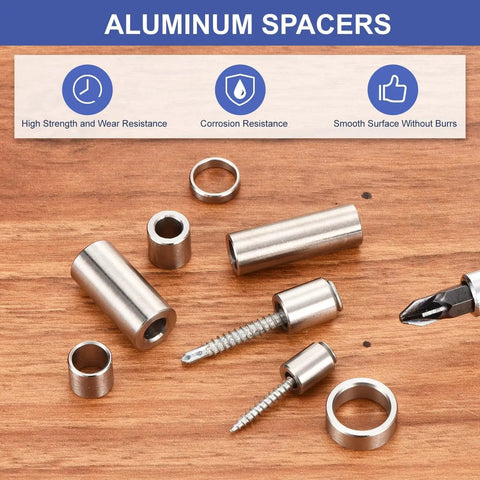 32-piece aluminum spacer set with 4mm ID, 7mm OD, and 4mm length, unthreaded standoffs for M4 screws on wooden surface.