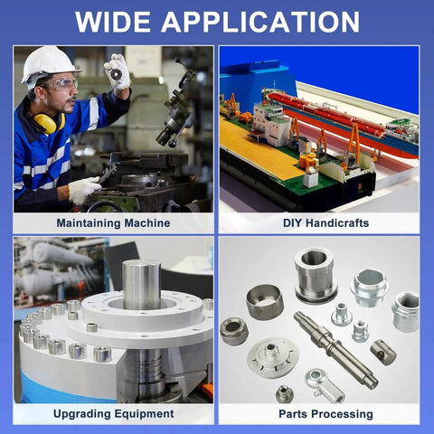 Collage showing 32-piece aluminum spacer set applications: maintaining machines, DIY crafts, upgrading equipment, parts processing.