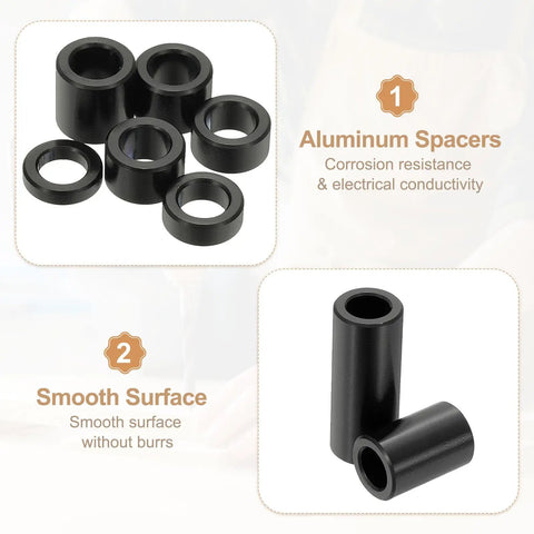12 Pack Aluminum Spacers For Quarter Inch Screws Durable Aluminum Build One Quarter Inch Inner Diameter One Half Inch Outer Diameter One And A Half Inches Long Unthreaded Standoff Bushings Black Finish showing multiple spacers with smooth surface in black finish.
