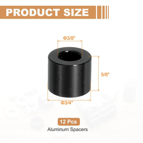12 Pcs Aluminum Spacers Set 3/8 In ID X 3/4 In OD X 5/8 In Length Unthreaded Standoff Bushings Black For 3/8 In Bolts DIY Electronics