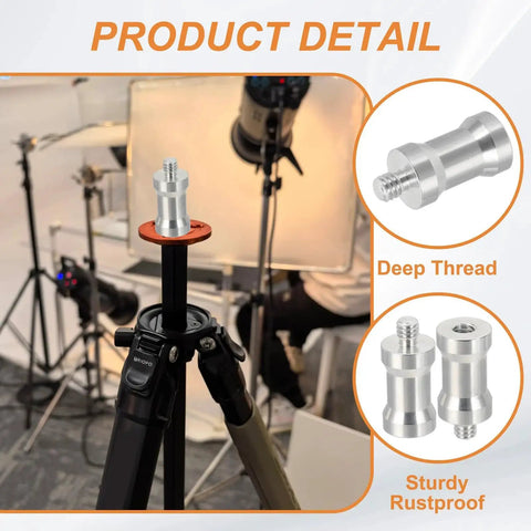 Six Pack 1/4 To 1/4 Camera Spigot Screw Converter on tripod in studio setup, showing aluminum adapter durability