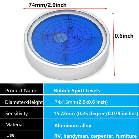 Precision Aluminum Round Bullseye Spirit Level Tool, 74mm Diameter, large pocket level with alloy case and blue bullseye.