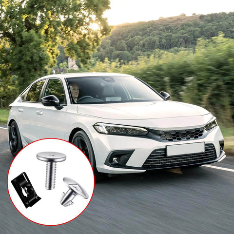 White car driving with inset of Engine Splash Shield Hardware Kit 14 Piece Set With Lower Cover Pins Screws And Clips Aluminum Alloy Built To Last Beefed Up For A Tough Rust Resistant Fit Includes 90674-TY2-A01 And 90105-TBA-A00 Universal Fit For Most Cars